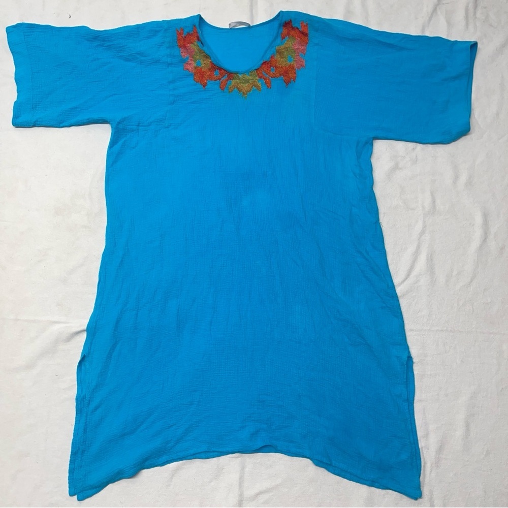 N Natori Turquoise Embroidered Gauze Cotton Tunic Top Resort Boho |2X